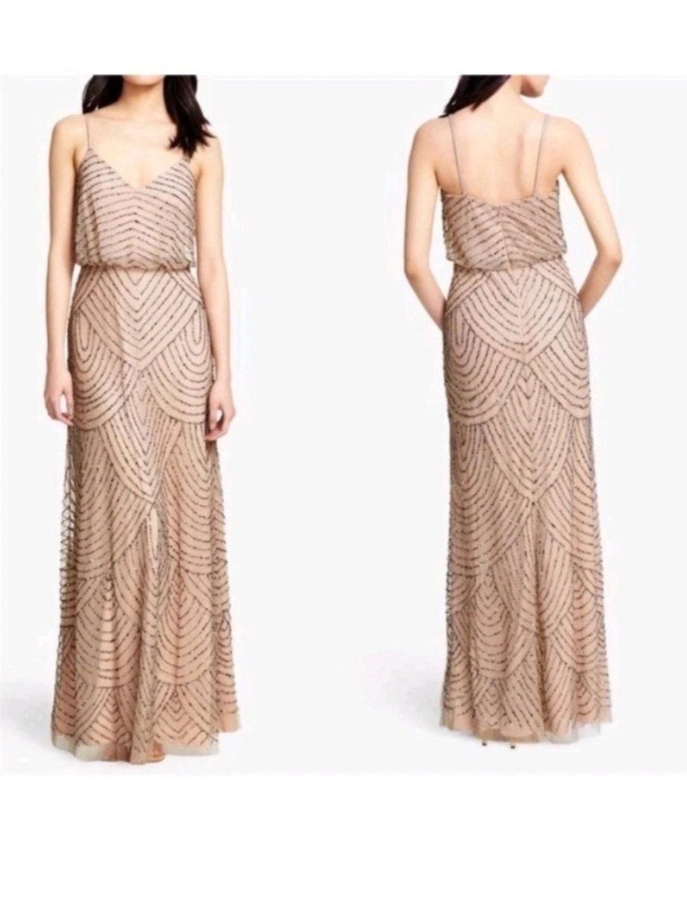 Adrianna Papell Champagne Beaded Spaghetti Strap Maxi Dress